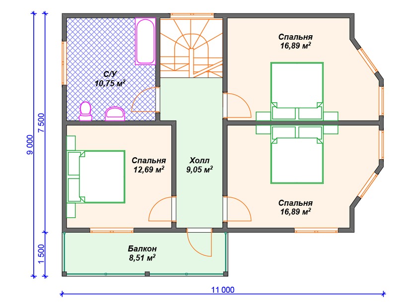 Каркасный дом 9x11 с котельной, балконом, эркером – проект V422 "Бойсе" план второго этажа