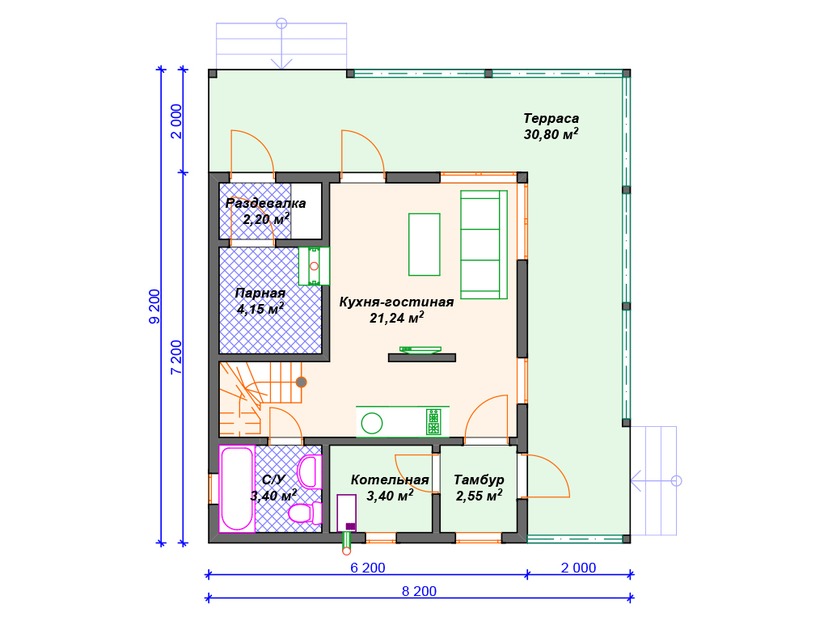 Каркасный дом 9x8 с котельной, сауной, террасой – проект V421 "Бомонт	" план первого этаж