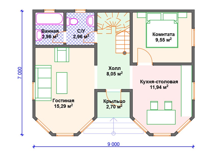 Каркасный дом 7x9 с балконом, эркером – проект V393 "Сейлем" план первого этаж