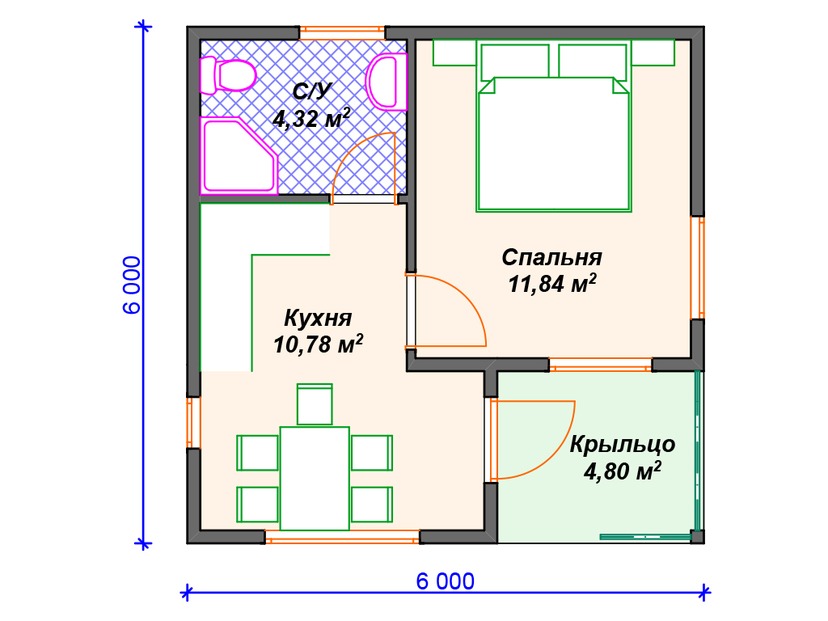 Каркасный дом 6x6  – проект V420 "Инглвуд" план первого этаж