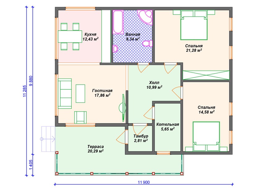 Каркасный дом 11x12 с котельной, террасой – проект V392 "Сентенниал" план первого этаж