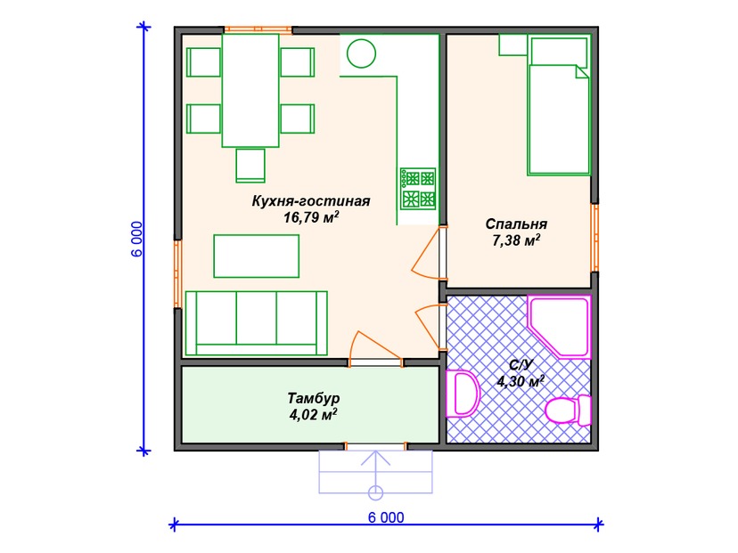 Каркасный дом 6x6  – проект V419 "Индепенденс" план первого этаж