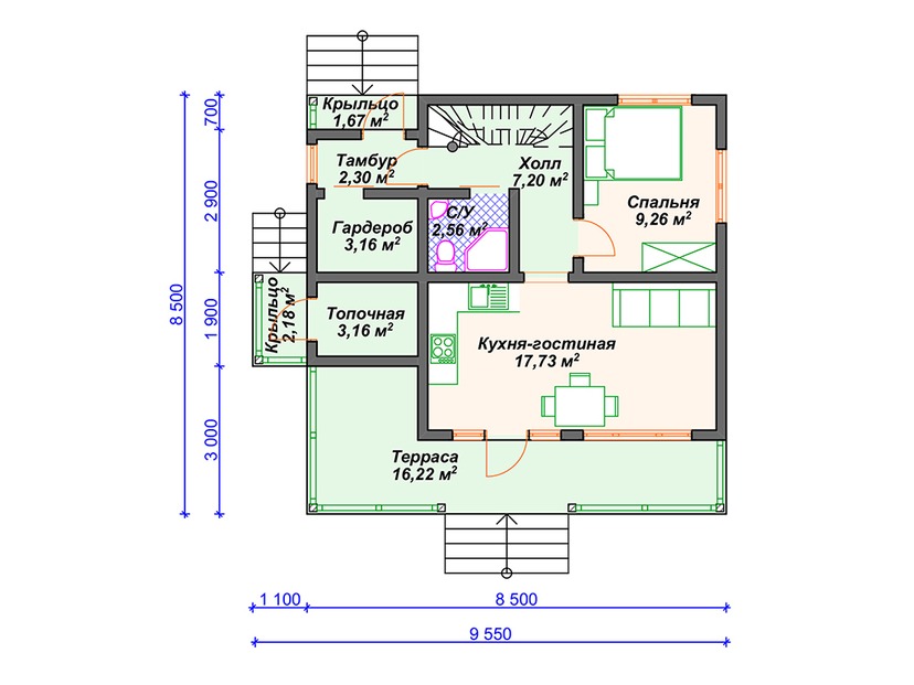 Каркасный дом 9x10 с балконом, котельной, террасой – проект V368 "Хай-Пойнт" план первого этаж