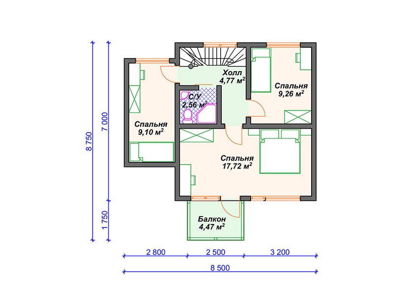 Каркасный дом 9x10 с балконом, котельной, террасой – проект V368 "Хай-Пойнт" план мансардного этажа