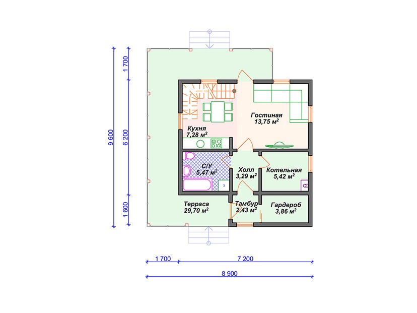 Дом из керамического блока VK376 "Талса" c 2 спальнями план первого этаж
