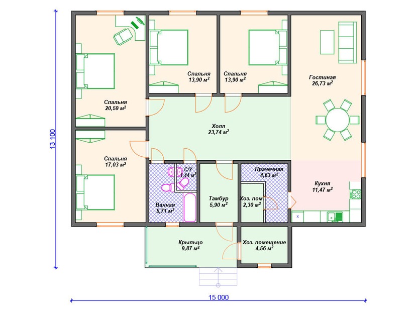 Каркасный дом 13x15  – проект V418 "Ирвайн	" план первого этаж