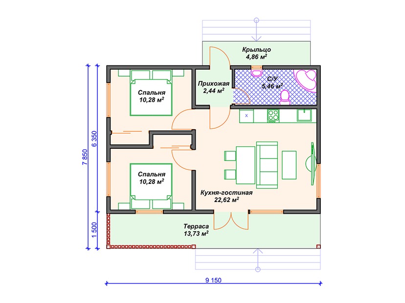 Каркасный дом 8x9 с террасой – проект V389 "Сент-Пол" план первого этаж