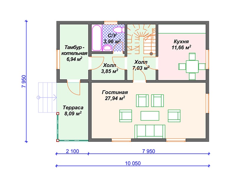 Каркасный дом 8x10 с котельной, террасой – проект V388 "Сими Вэлли" план первого этаж