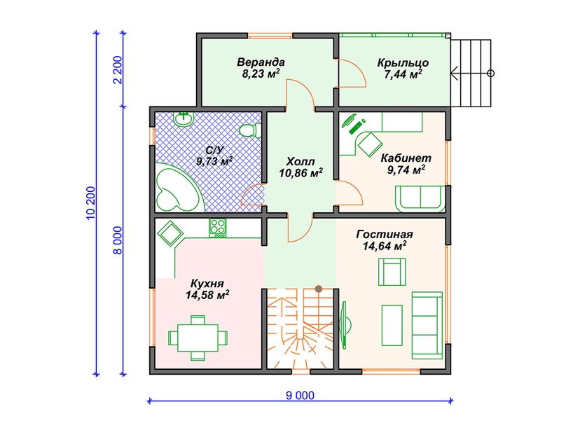 Каркасный дом 10x9 с балконом, мансардой – проект V367 "Хантсвилл" план первого этаж