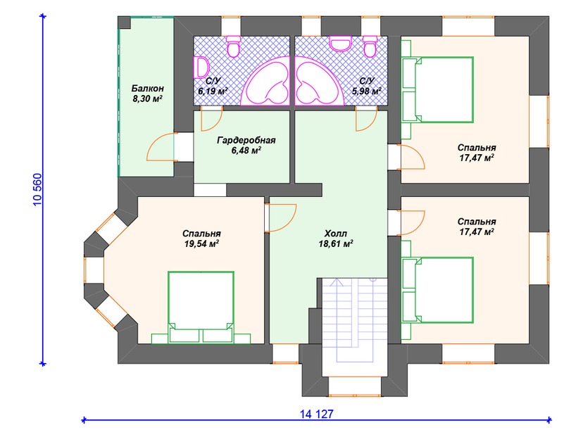 Каркасный дом 12x18 с котельной, балконом, террасой – проект V298 "Чандлер" план второго этажа