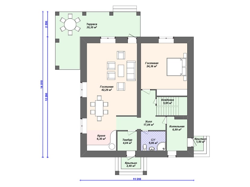 Каркасный дом 15x12 с террасой, котельной, мансардой – проект V297 "Чарльстон" план первого этаж