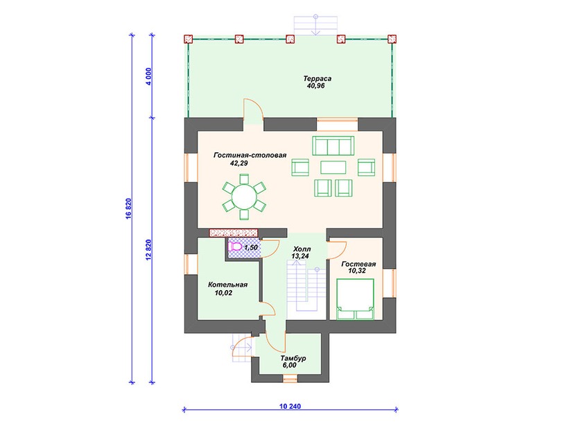 Каркасный дом 17x10 с котельной, террасой – проект V344 "Милуоки" план первого этаж