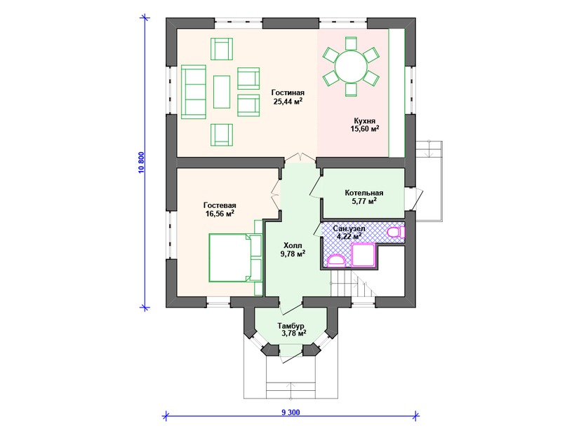 Каркасный дом 11x9 с котельной, эркером, мансардой – проект V323 "Пуэбло" план первого этаж