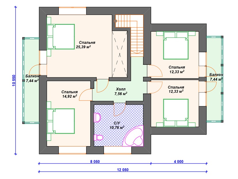 Газобетонный дом с котельной, балконом, террасой - VG322 "Ланкастер" план мансардного этажа
