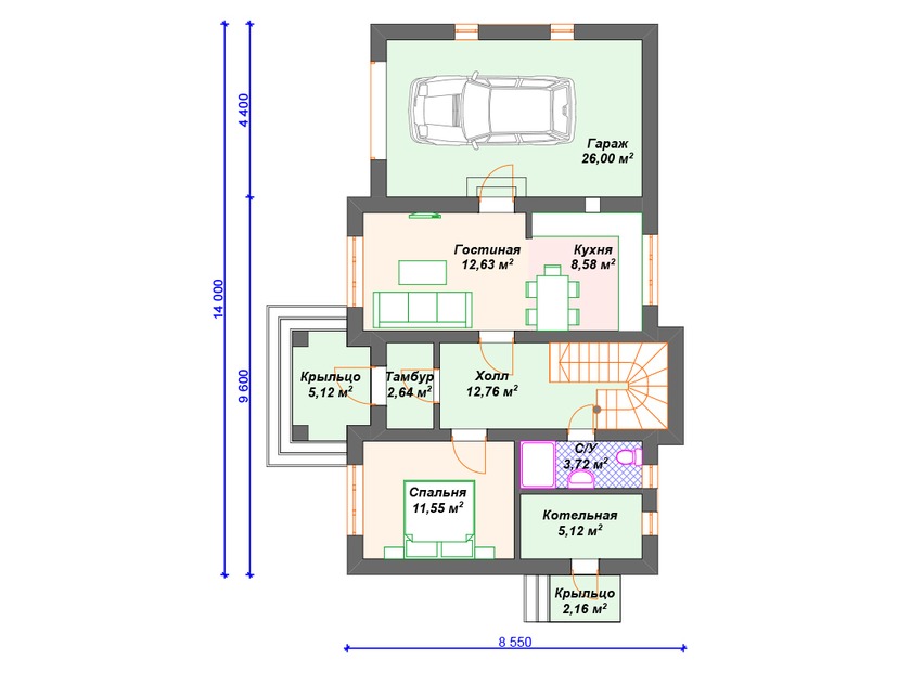 Каркасный дом 14x9 с котельной, гаражом – проект V294 "Чикаго" план первого этаж