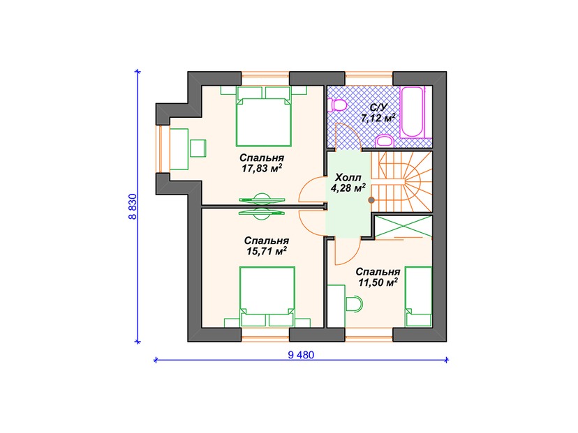 Дом из керамического блока VK342 "Мирамар" c 3 спальнями план мансардного этажа