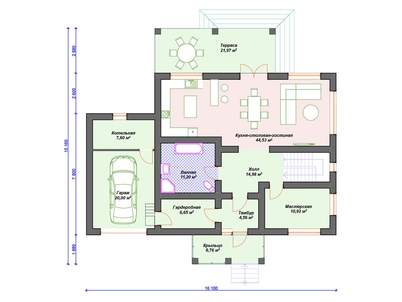 Каркасный дом 15x16 с террасой, котельной, гаражом – проект V321 "Лансинг" план первого этаж