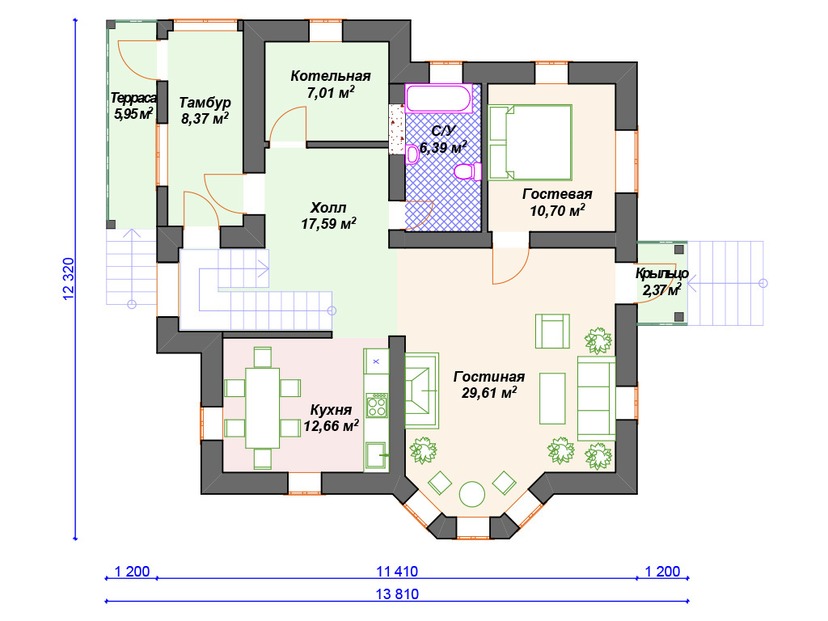 Каркасный дом 12x14 с террасой, котельной, эркером – проект V357 "Ноксвилл" план первого этаж