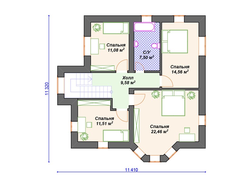 Каркасный дом 12x14 с террасой, котельной, эркером – проект V357 "Ноксвилл" план второго этажа