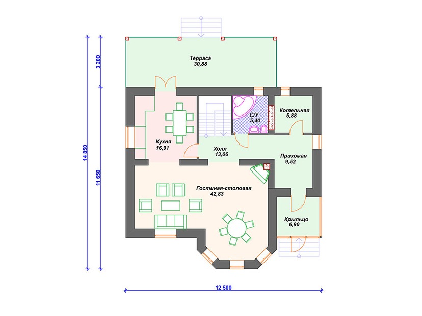 Дом из керамического блока VK341 "Модесто" c 3 спальнями план первого этаж