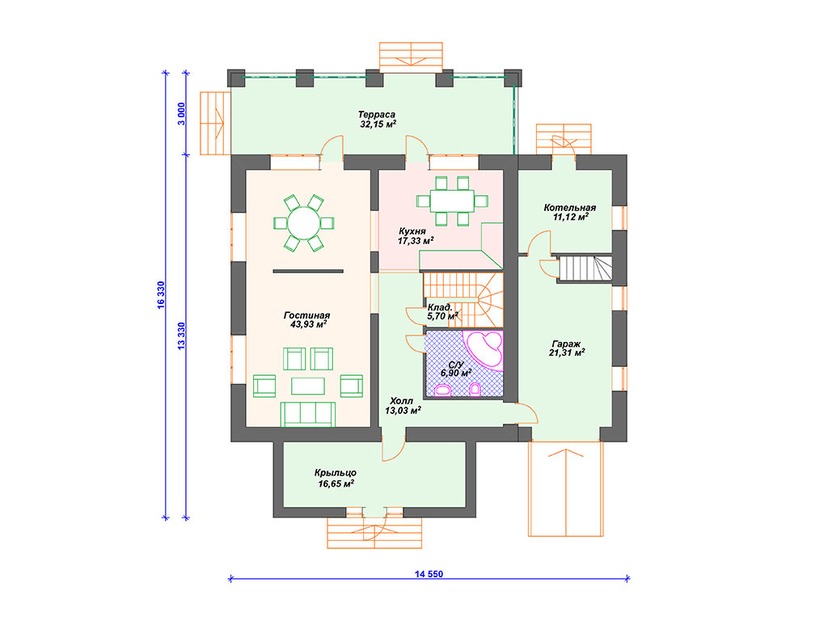Каркасный дом 16x15 с балконом, котельной, террасой – проект V340 "Монтгомери" план первого этаж