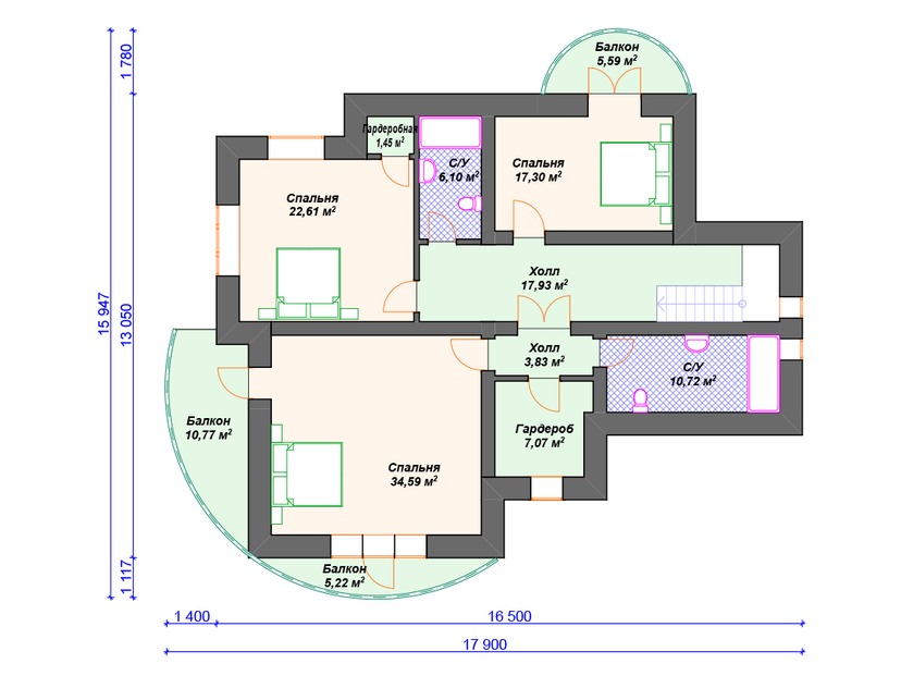 Каркасный дом 18x19 с балконом, котельной, эркером – проект V320 "Ларедо" план мансардного этажа