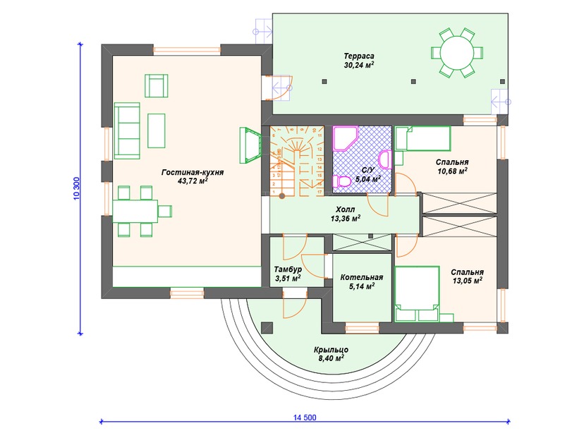 Каркасный дом 10x15 с террасой, котельной, мансардой – проект V291 "Огаста" план первого этаж