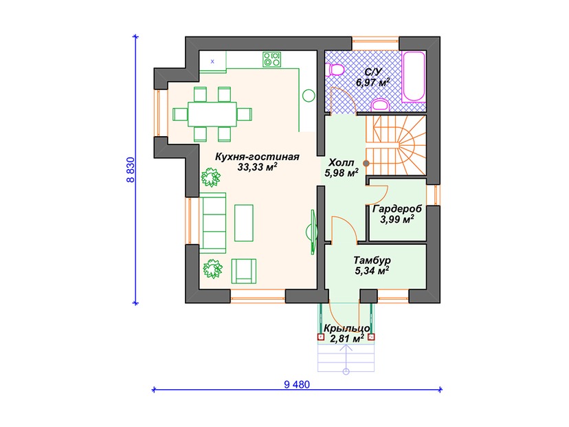 Каркасный дом 10x9 с эркером, мансардой – проект V339 "Морено Вэлли" план первого этаж