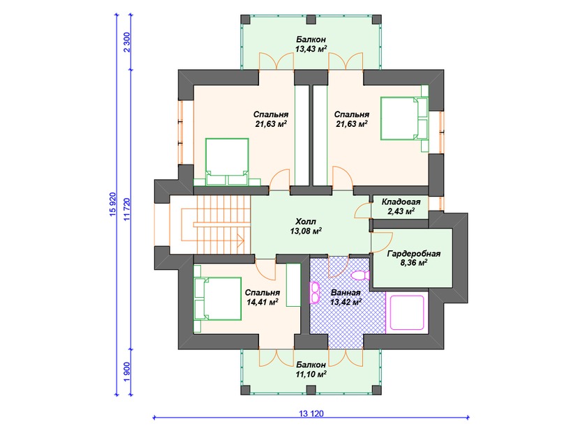 Каркасный дом 19x13 с балконом, террасой, эркером – проект V319 "Лафайетт" план второго этажа