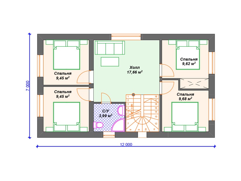 Каркасный дом 7x12 с котельной – проект V290 "Окленд" план второго этажа