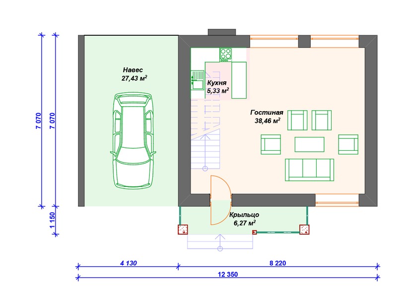 Дом из керамического блока VK338 "Мэдисон" c 2 спальнями план первого этаж