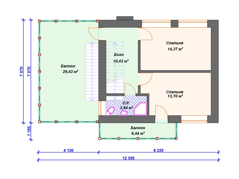 Каркасный дом 7x12 с балконом – проект V338 "Мэдисон" план второго этажа