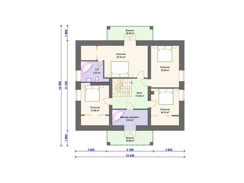 Каркасный дом 17x13 с котельной, балконом, террасой – проект V337 "Палм-Бэй" план мансардного этажа