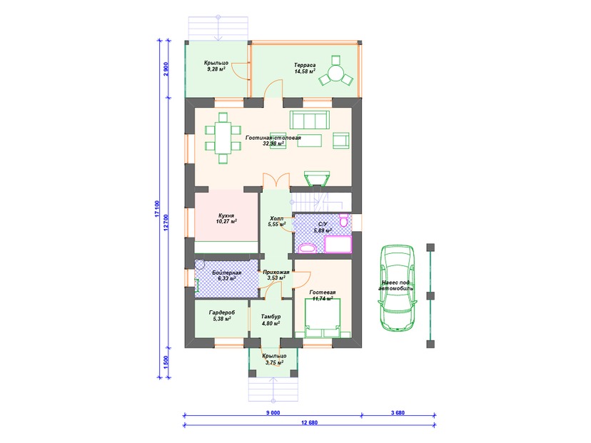 Каркасный дом 17x13 с котельной, террасой, мансардой – проект V335 "Пасадена" план первого этаж