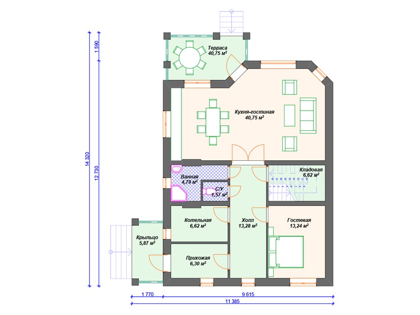 Каркасный дом 14x11 с котельной, террасой, эркером – проект V310 "Гарден Грув" план первого этаж