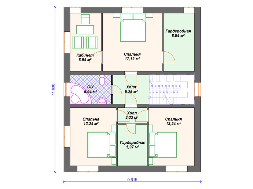 Каркасный дом 14x11 с котельной, террасой, эркером – проект V310 "Гарден Грув" план второго этажа