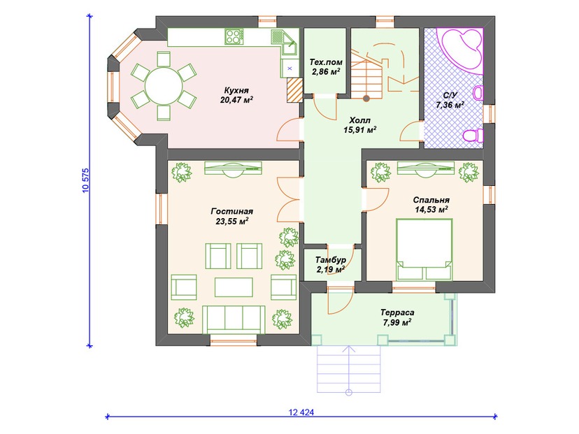 Каркасный дом 11x12 с балконом, террасой, эркером – проект V356 "Норман" план первого этаж