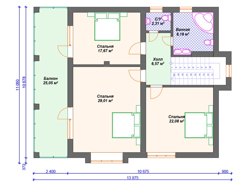 Каркасный дом 11x14 с балконом, котельной, террасой – проект V315 "Литл-Рок" план второго этажа