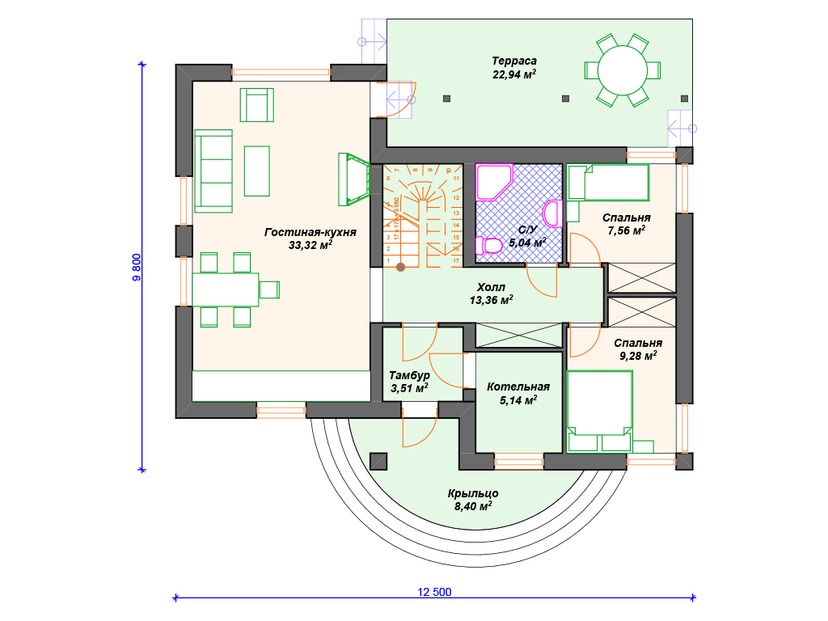 Газобетонный дом с террасой, котельной, мансардой - VG309 "Гарлэнд" план первого этаж