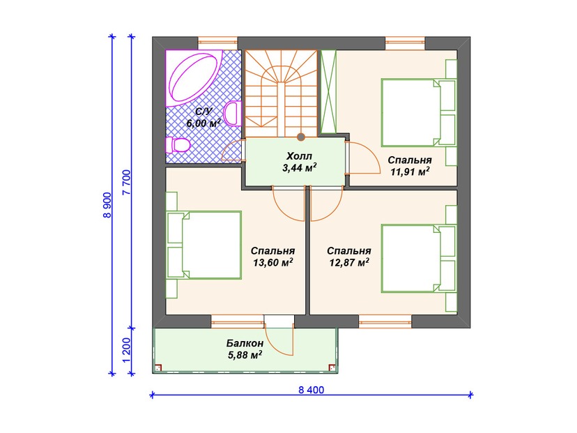 Газобетонный дом с котельной, балконом, террасой - VG355 "Норуолк" план мансардного этажа