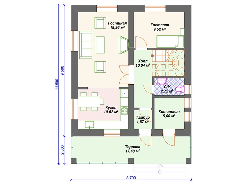 Каркасный дом 12x9 с котельной, террасой, мансардой – проект V314 "Лонг-Бич" план первого этаж