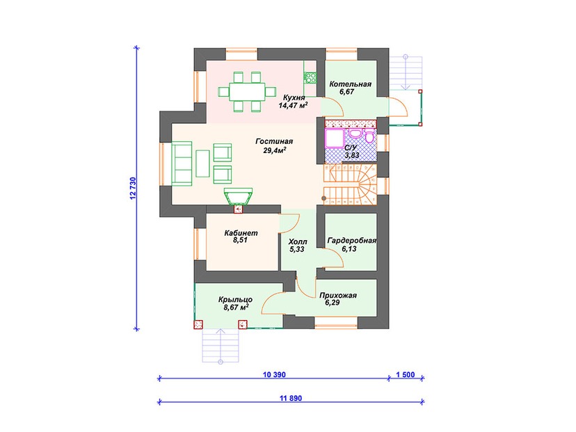 Газобетонный дом с котельной, эркером, мансардой - VG354 "Норфолк" план первого этаж