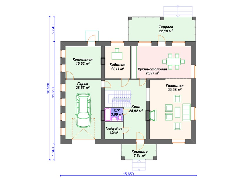 Каркасный дом 17x16 с котельной, террасой, гаражом – проект V307 "Гилберт" план первого этаж