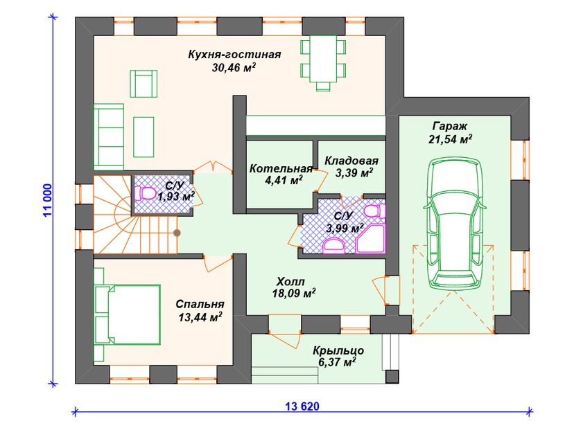 Каркасный дом 11x14 с котельной, балконом, гаражом – проект V306 "Глендейл" план первого этаж