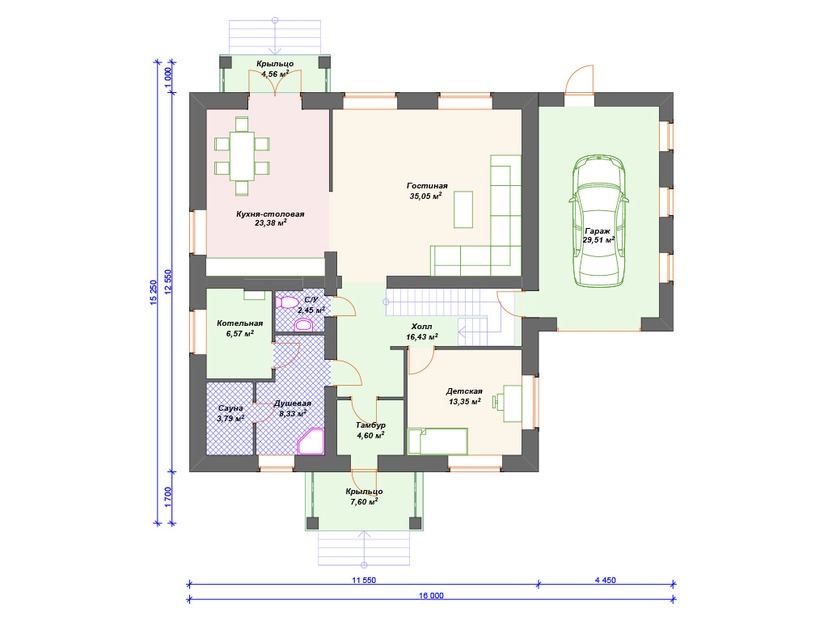 Каркасный дом 15x16 с котельной, сауной, гаражом – проект V331 "Питтсбург" план первого этаж