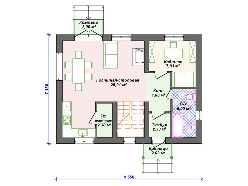 Дом из керамического блока VK330 "Плано" c 4 спальнями план первого этаж
