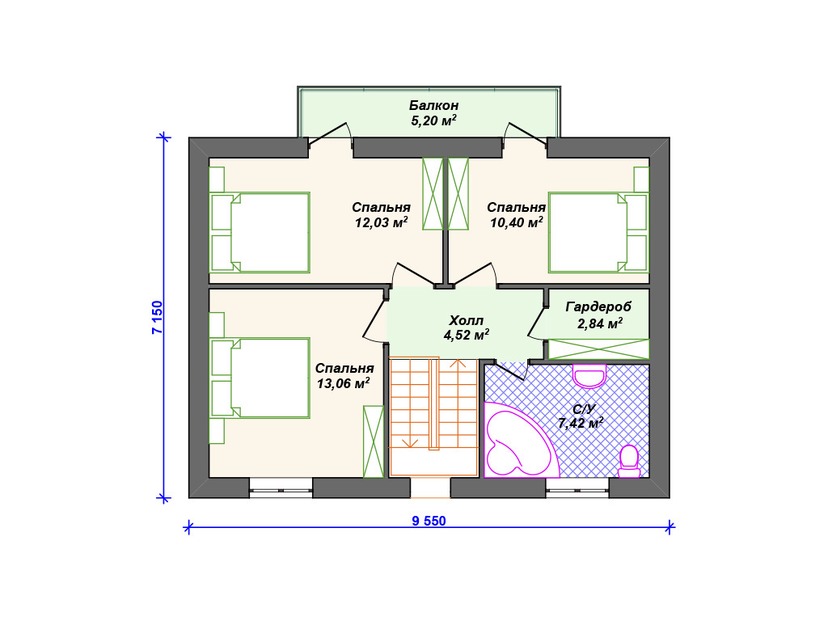 Каркасный дом 7x10 с балконом, мансардой – проект V330 "Плано" план мансардного этажа