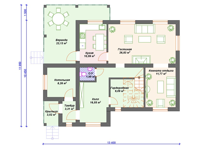 Каркасный дом 12x13 с котельной, террасой, балконом – проект V351 "Макаллен" план первого этаж