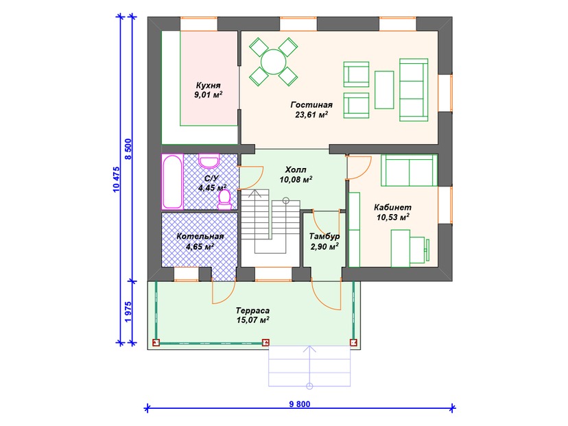 Каркасный дом 10x10 с котельной, террасой, мансардой – проект V329 "Помона" план первого этаж