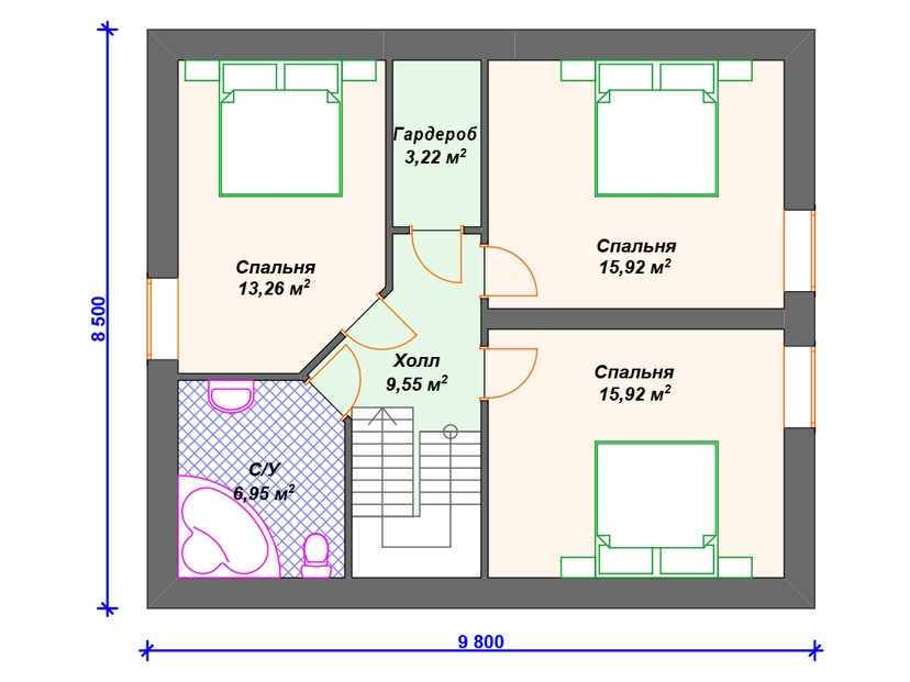 Каркасный дом 10x10 с котельной, террасой, мансардой – проект V329 "Помона" план мансардного этажа